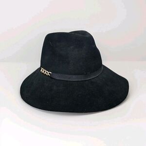 Woman Black Winter Felt Floppy Hat Wide Brim Large Head Metal Chain Detail
